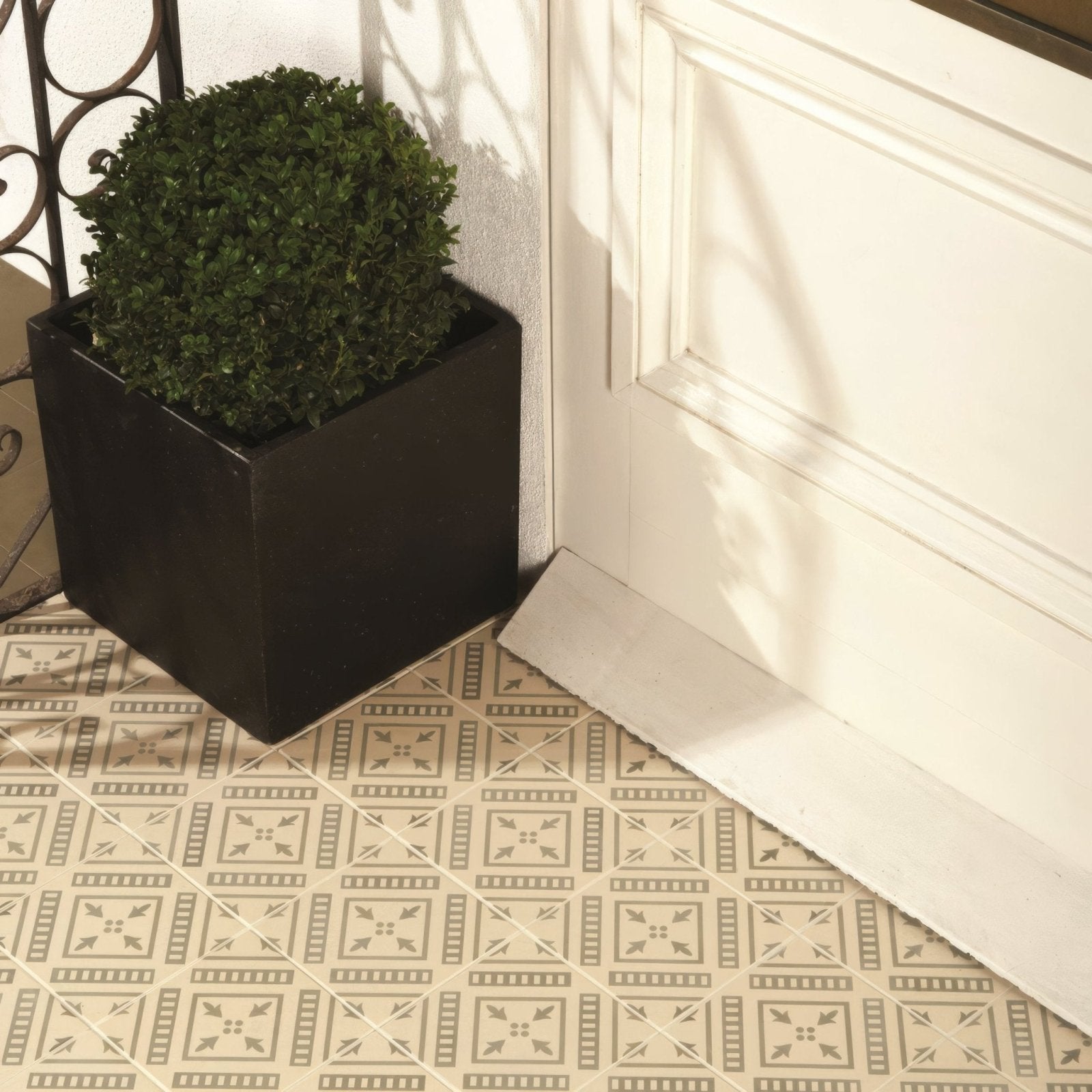 Black square planter pompeii dublin on white holding a dense green shrub for indoor or outdoor decor