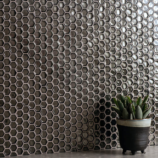 Dark gray hexagonal glass mosaic tile wall from poona glass mosaic collection for stylish interior design