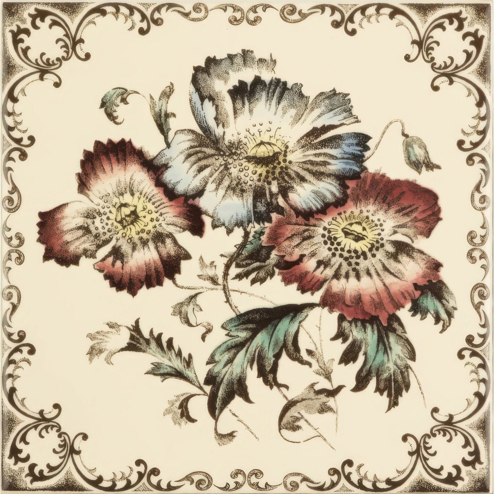 Beige square ceramic tile with ornate black scroll border and pink blue maroon poppies on county white background