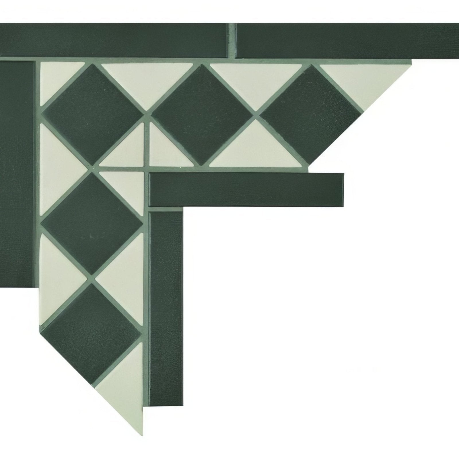 Porcelain corner white and black dark green and off-white geometric mosaic tile with diamond-shaped patterns