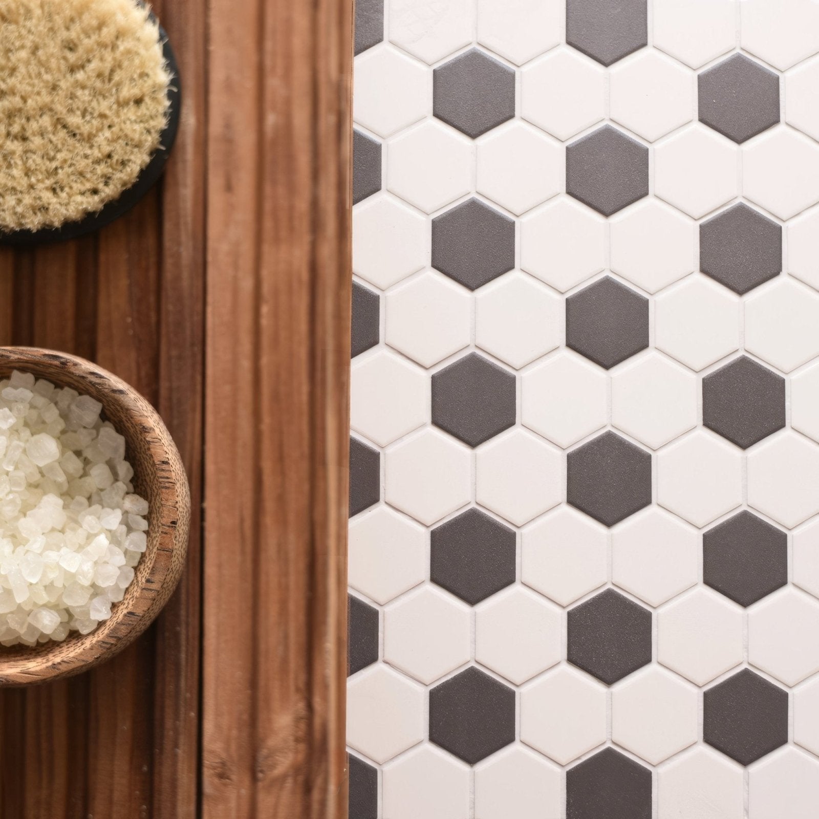 Porcelain hexagon white and black mosaic tile with alternating white and dark gray hexagonal patterns