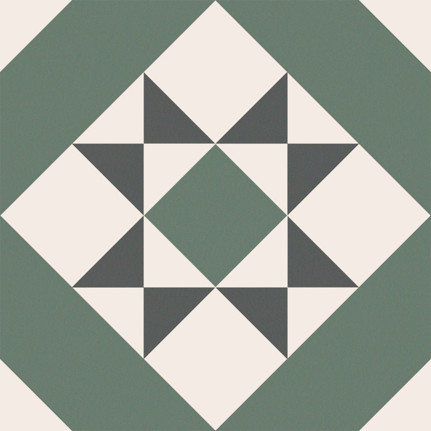 Brompton Porcelain Greenwich geometric tile with a diamond pattern in sage green off-white and dark gray porcelain