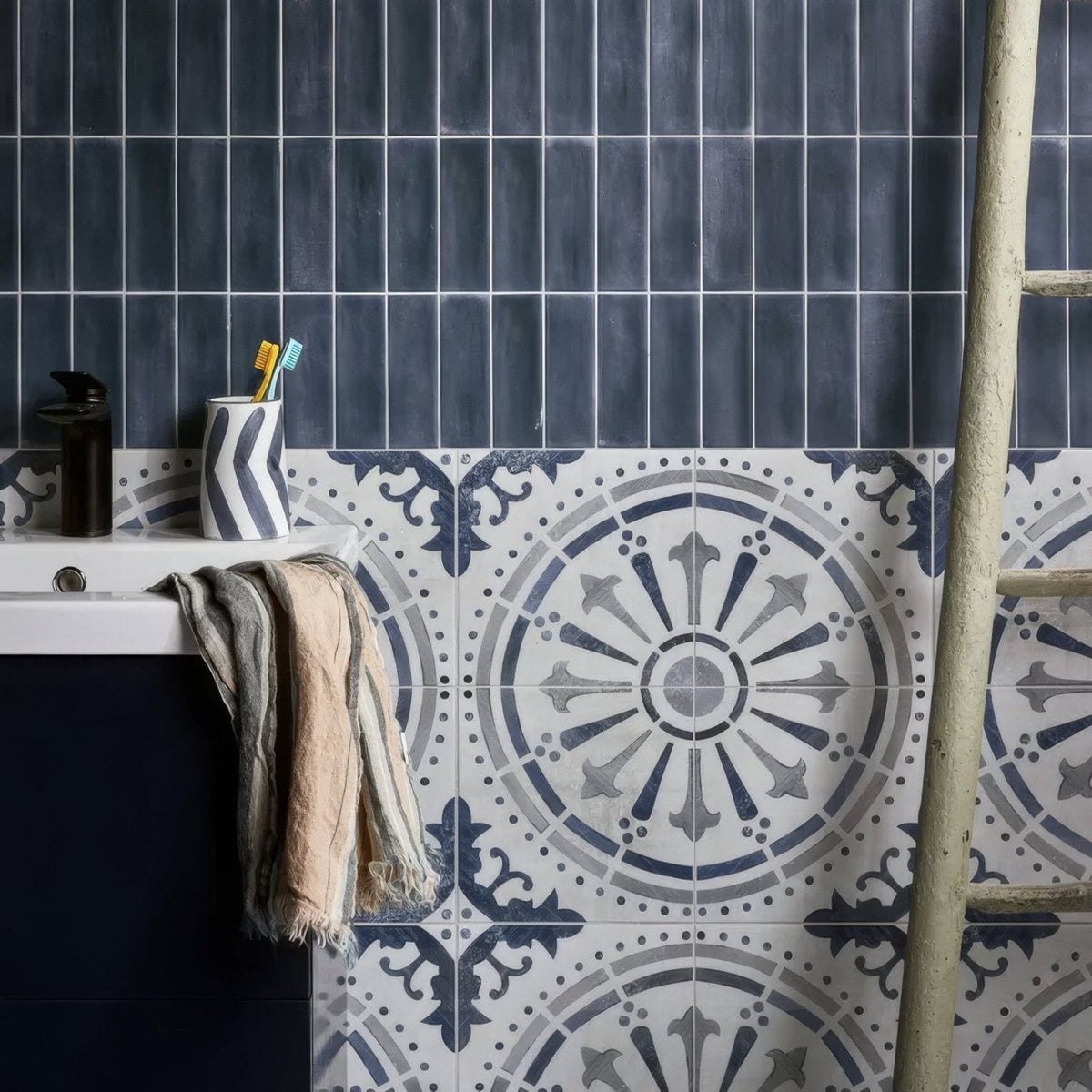 Blue and white patterned ceramic matt bathroom tiles with intricate circular and floral designs canero ceramic matt