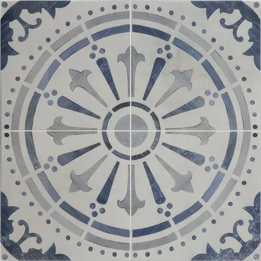 Canero ceramic matt decorative tile with blue and white symmetrical radial floral pattern in ceramic material