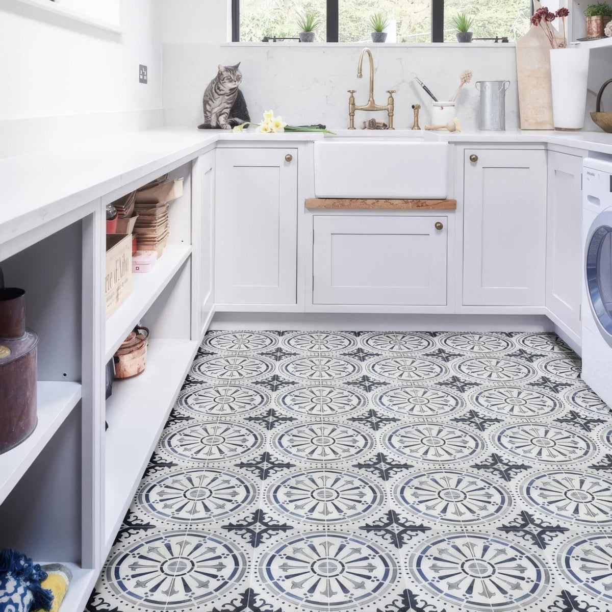Black and white patterned canero ceramic matt tile floor with intricate geometric designs in matt finish