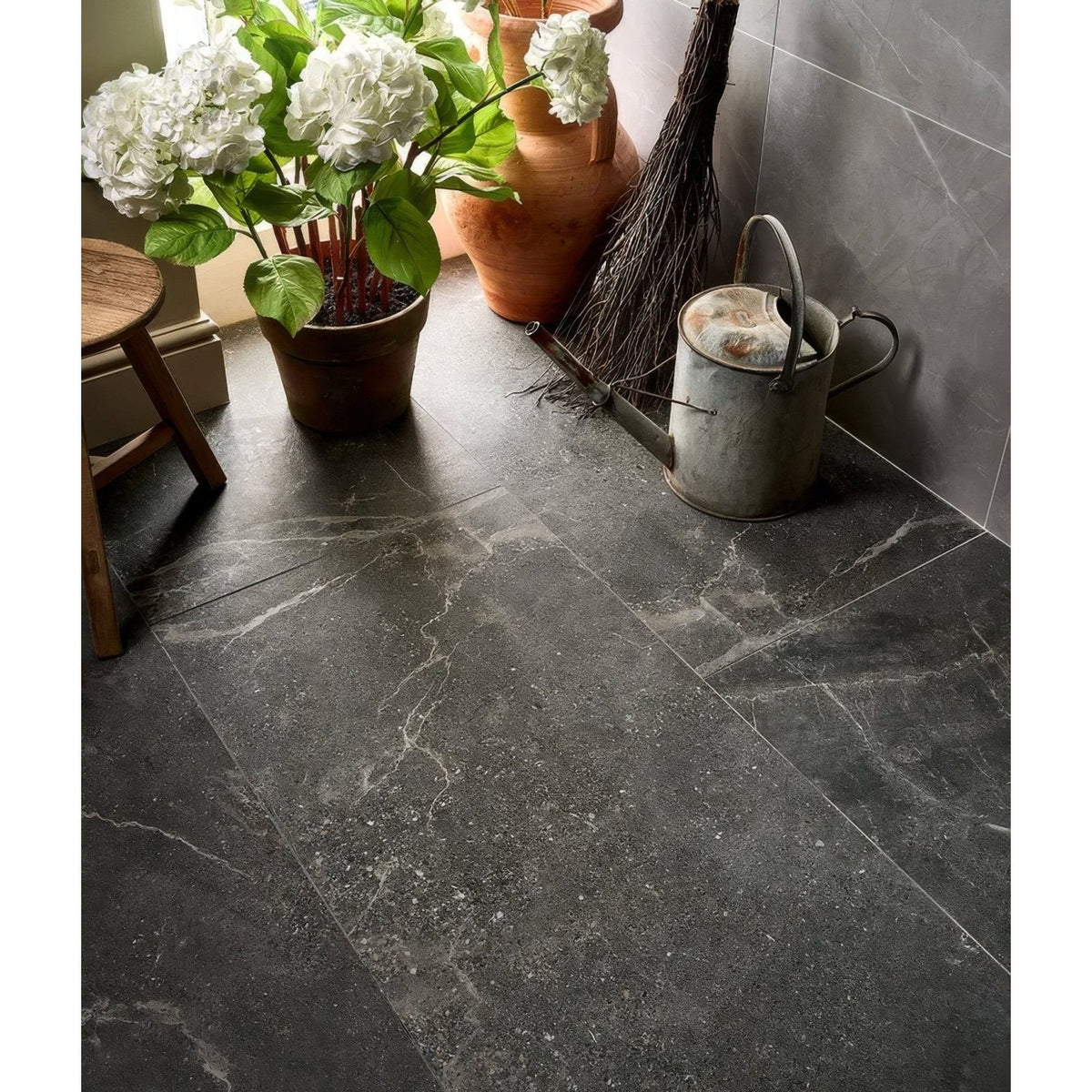 Etna porcelain matt floor tiles in dark gray marble effect with subtle white veining 59.5x120cm