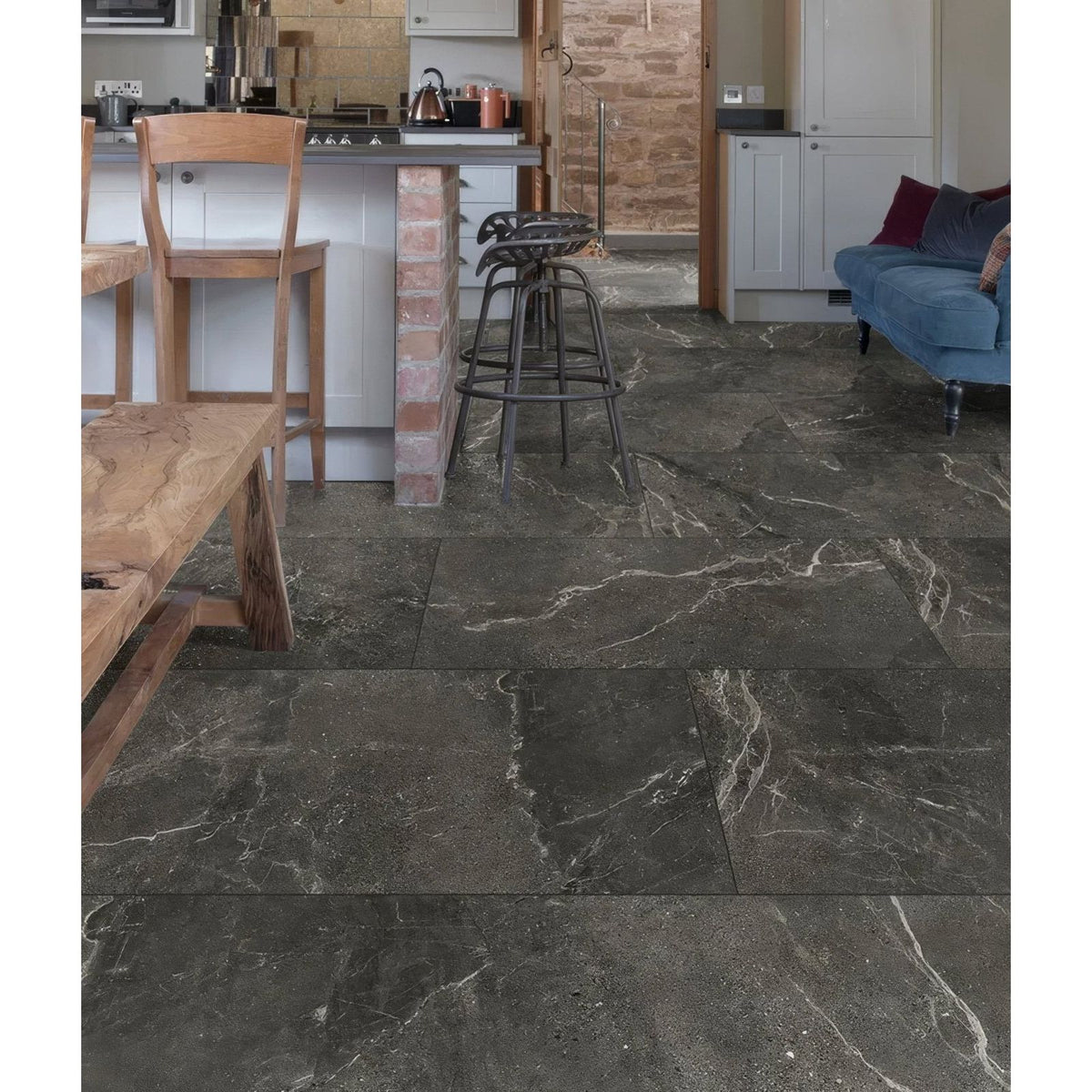 Etna porcelain matt floor tiles in dark gray marble effect with subtle white veining measuring 59.5x120cm