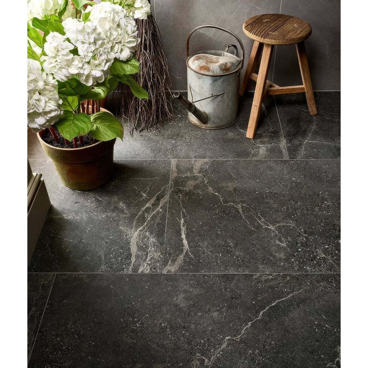 Etna porcelain matt floor tiles 59.5x59.5cm dark gray marble effect with subtle white veining