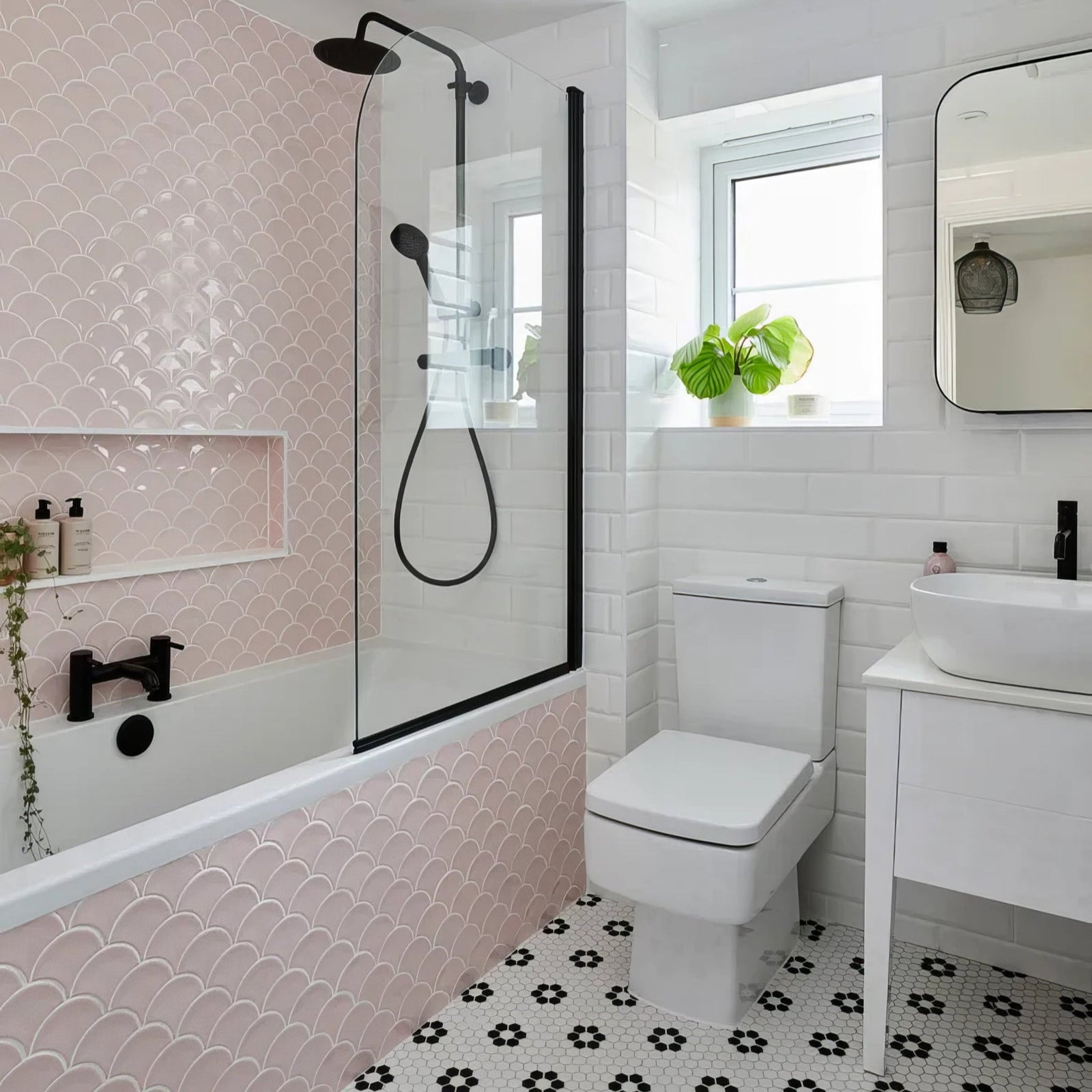 Gelato Porcelain Mosaic Cotton Candy pink scalloped porcelain mosaic on bathroom walls and floor
