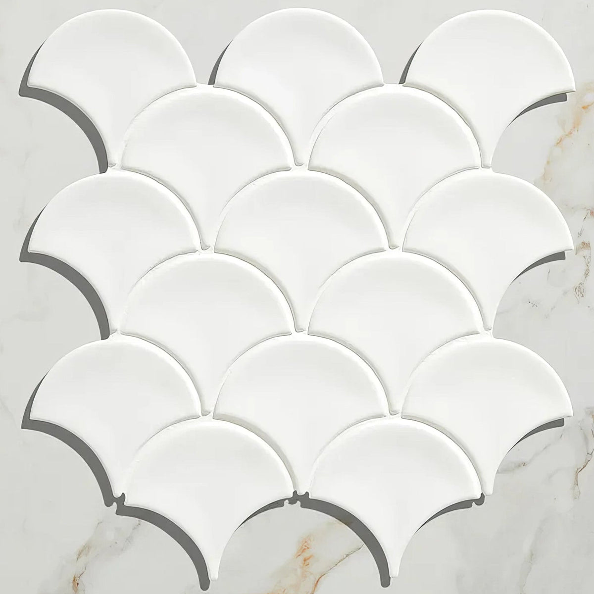 Gelato porcelain mosaic milk white features white glossy fish scale tiles arranged in a repeating pattern