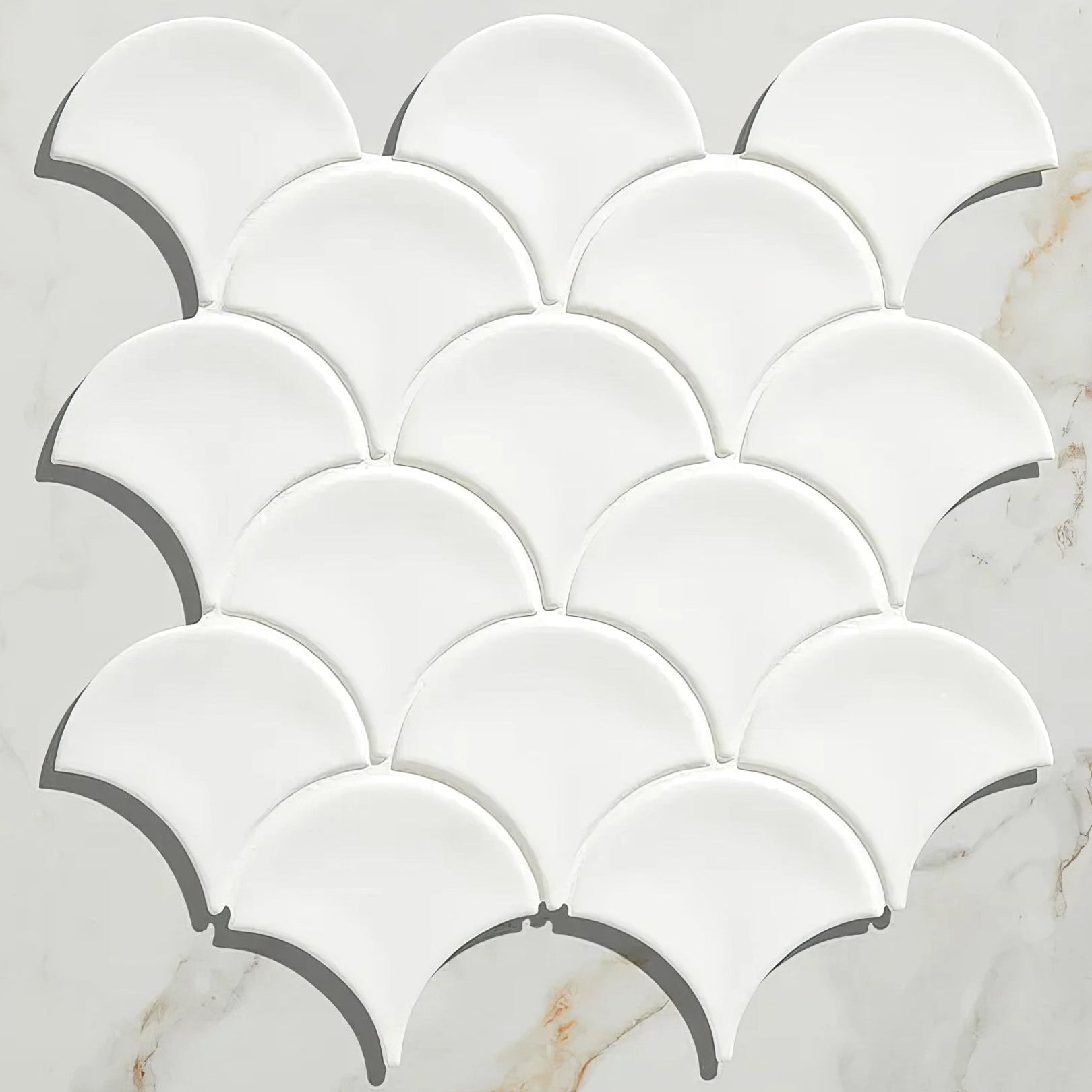 Gelato porcelain mosaic milk white features white glossy fish scale tiles arranged in a repeating pattern