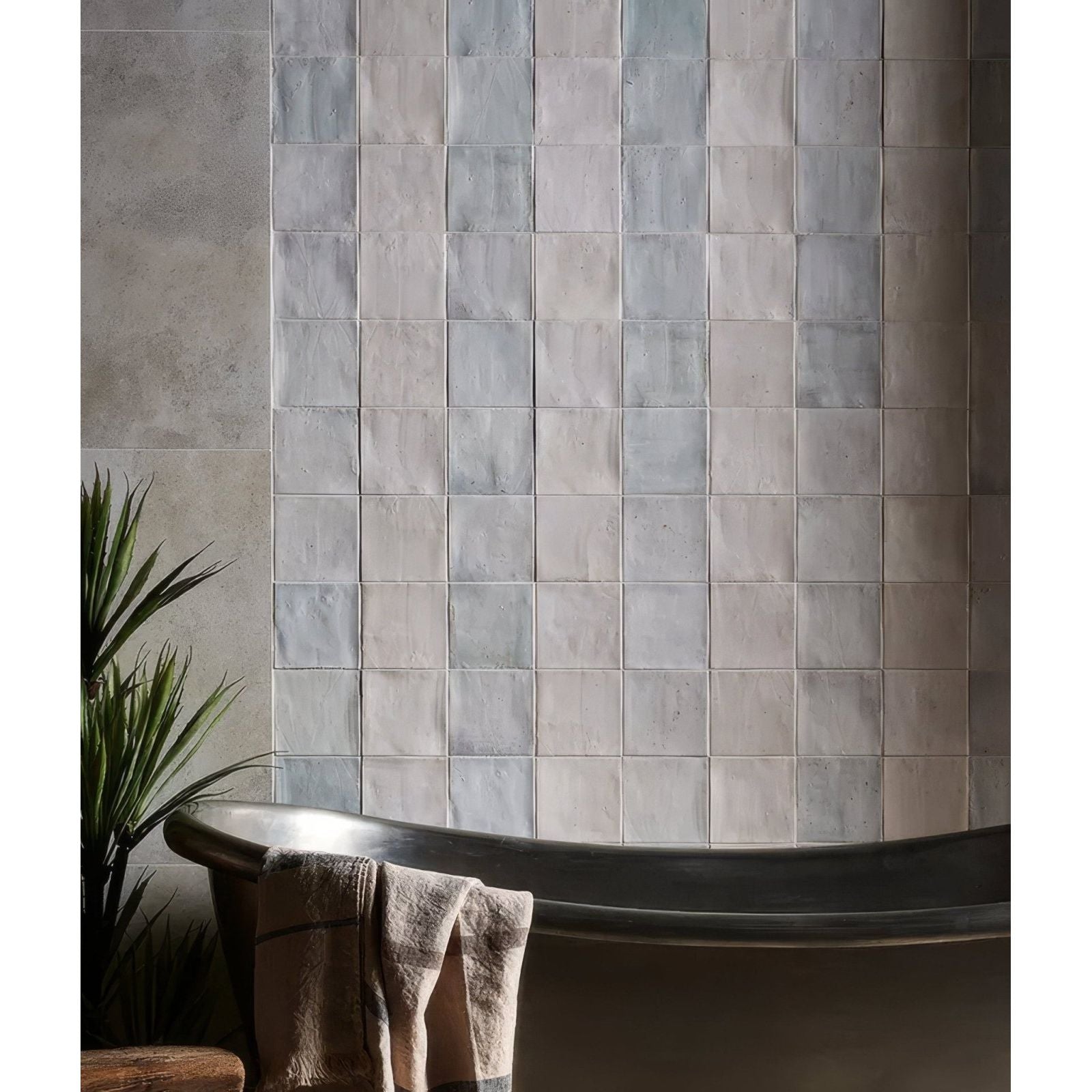 Gray textured ceramic hammam ceramic blue tiles with subtle tone variations and handmade imperfections