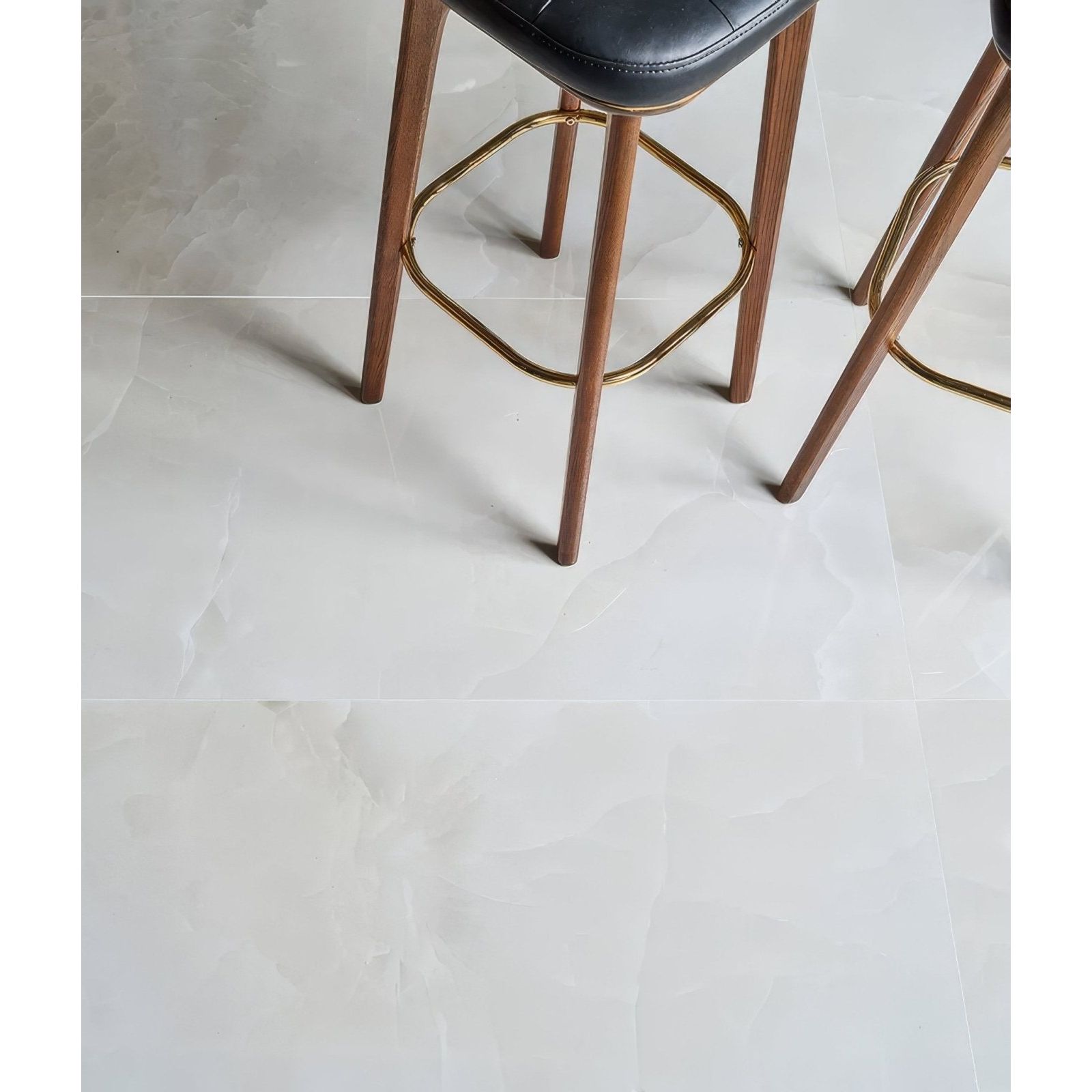 Illusion Whisper onyx porcelain polished mist floor tiles with white marble effect subtle veining and glossy finish
