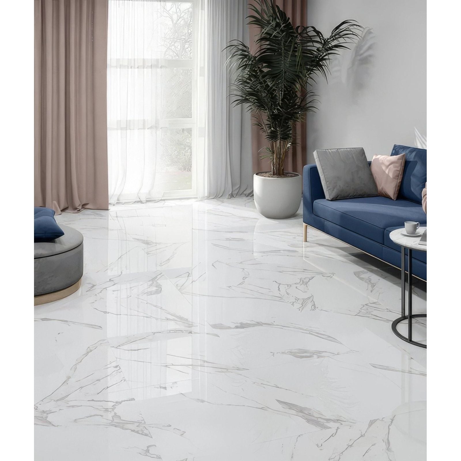 White marble-effect kensington porcelain matt floor tiles 60 x 60cm with elegant gray veining