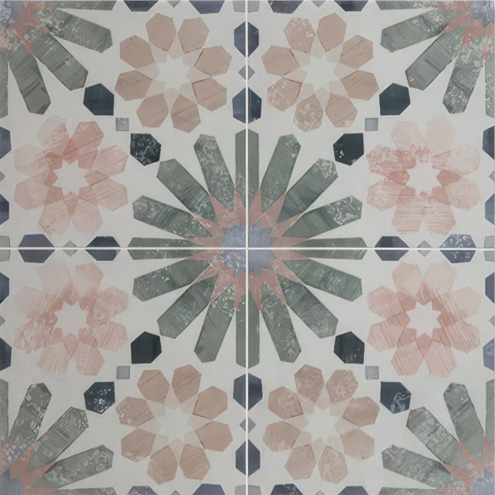 Patterned levante ceramic matt floor tile with geometric floral design in muted pink gray and black tones