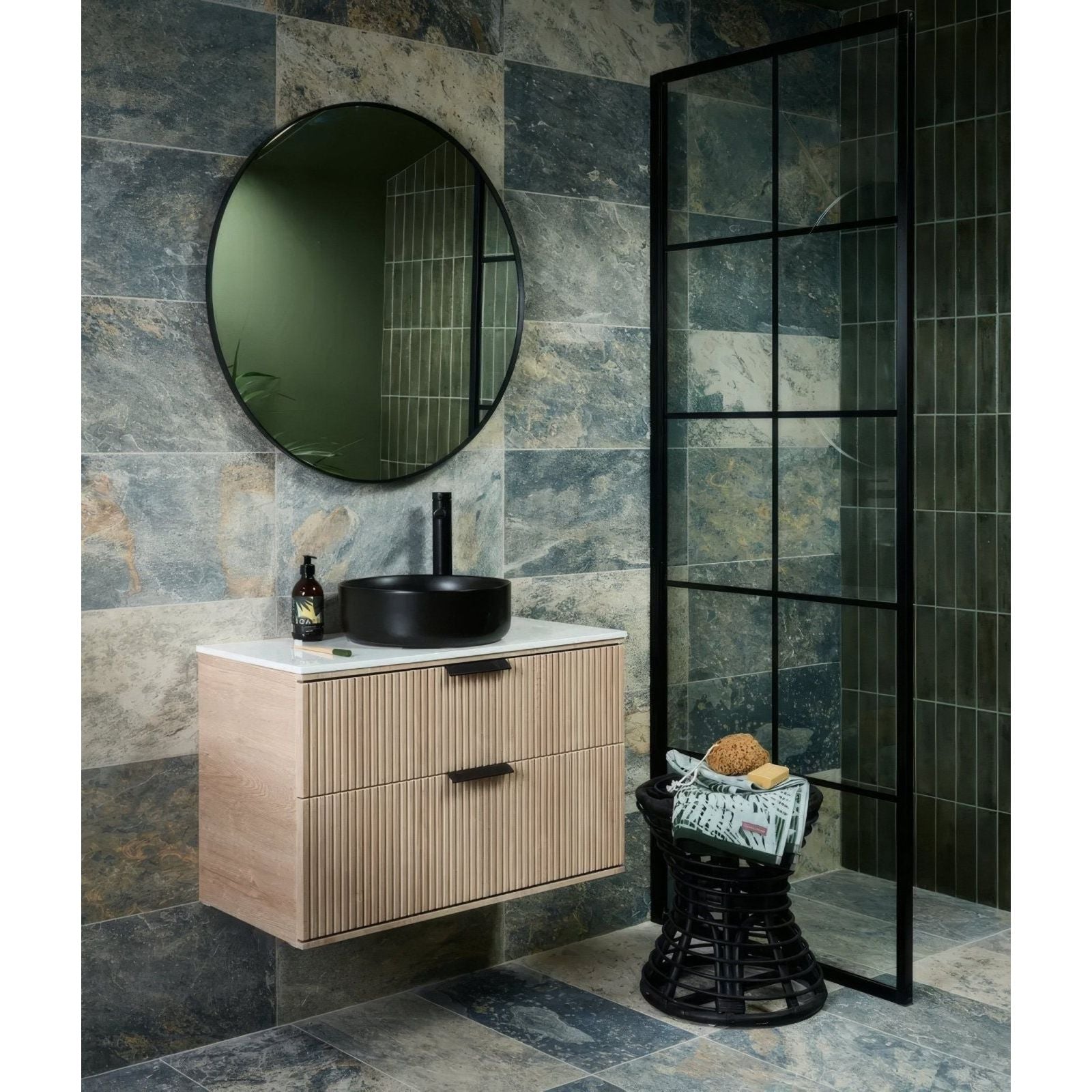 Modern floating vanity lombok porcelain moss with light wood finish vertical slats and two drawers with black handles