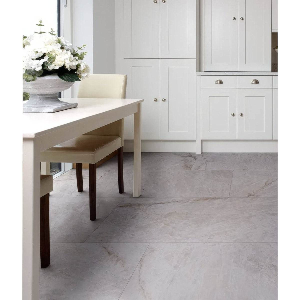 Manhattan porcelain matt gray marble-effect floor tiles with subtle veining and a matt finish
