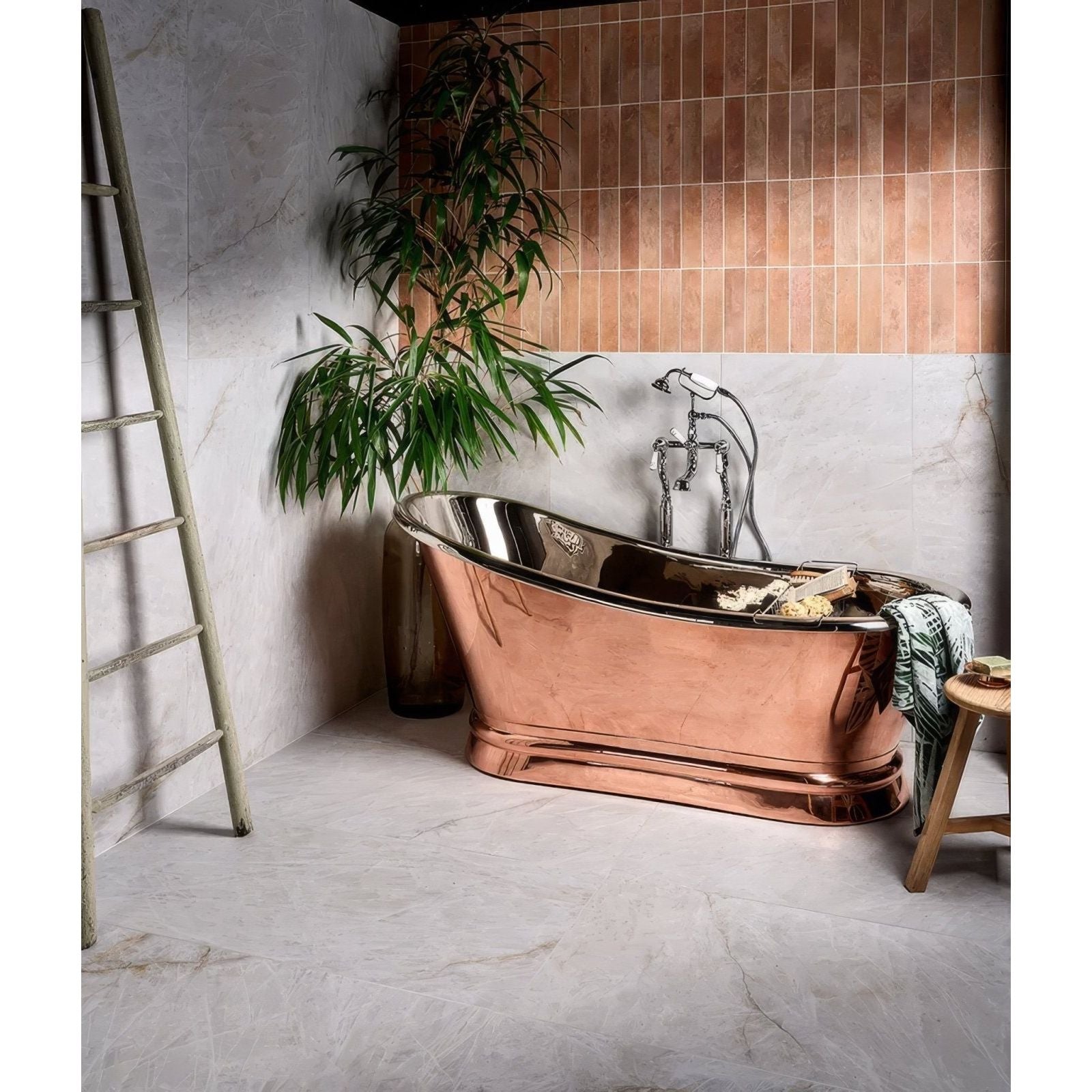 Manhattan Porcelain Matt grey marble-effect porcelain tiles with a copper freestanding bathtub