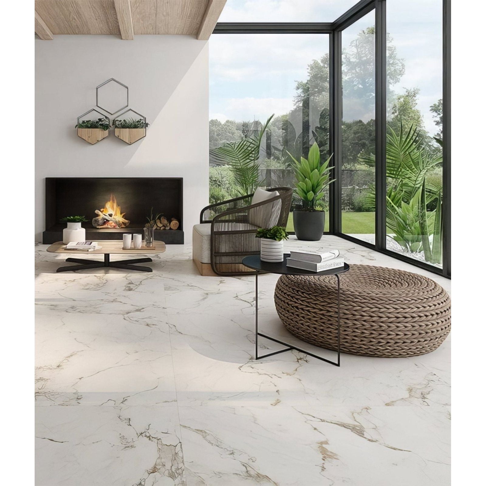 Muscat Porcelain 60 x 120cm white marble-effect tiles with a woven round ottoman