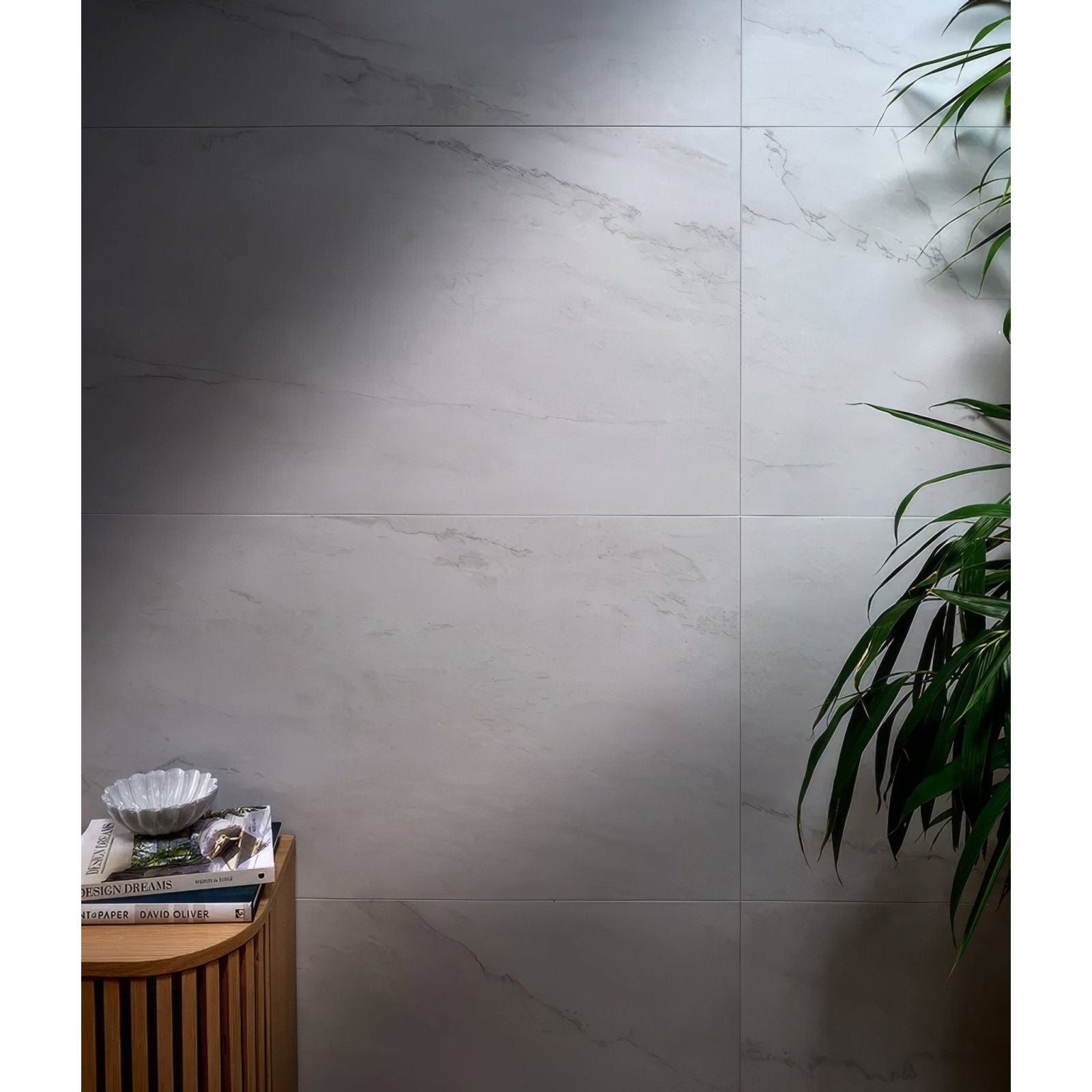 Mystery white porcelain matt wall tiles with white marble effect and subtle gray veining 59.5 x 120cm