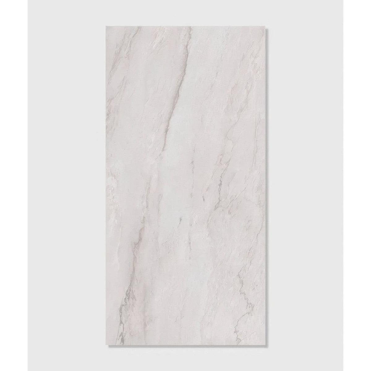 A sleek rectangular white marble-effect porcelain matt tile with subtle gray veining mystery white 59.5 x 120cm