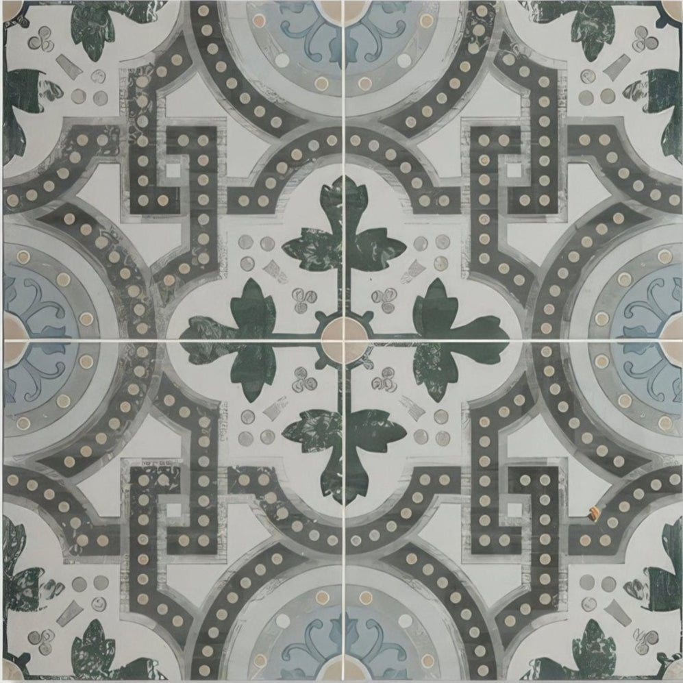 Orleans ceramic matt vintage-style floor tile with symmetrical dark green leaf motifs gray and light blue accents