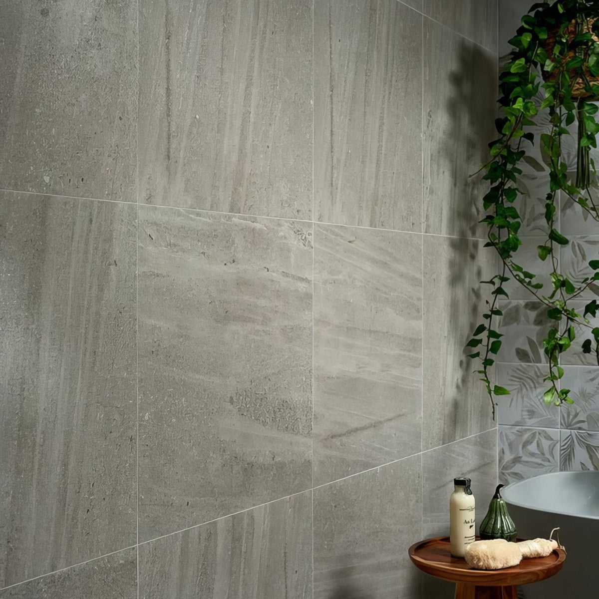 Pembroke porcelain satin 60 x 60cm gray stone effect bathroom wall tiles with subtle vertical veining and matte finish