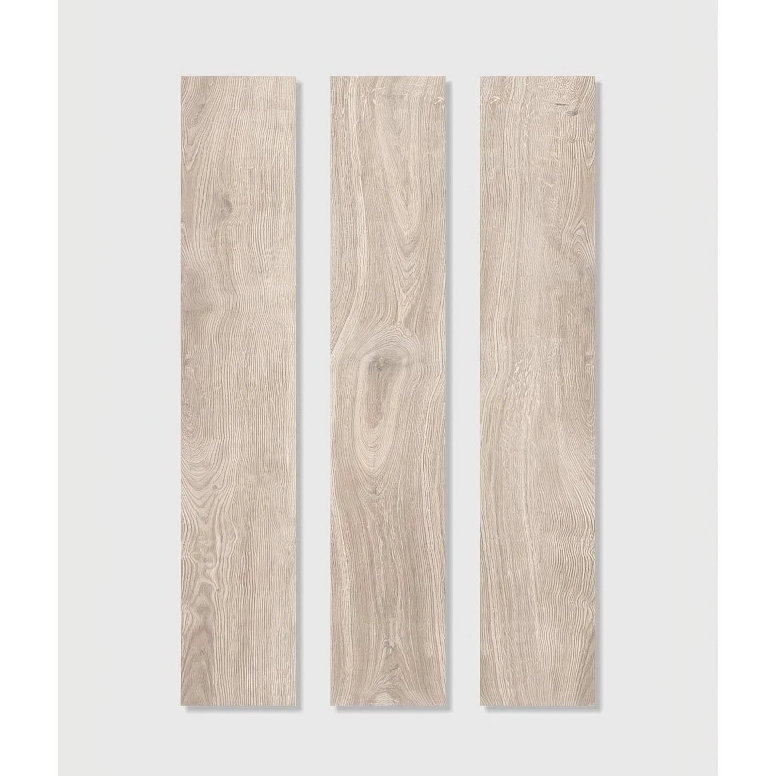 Three vertical light gray parterre porcelain planks with wood effect and natural grain patterns