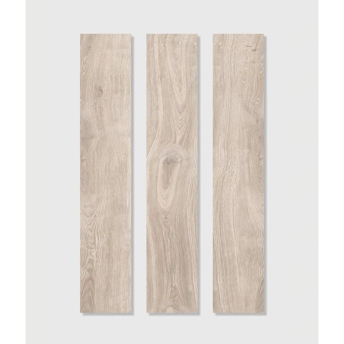 Three vertical light gray parterre porcelain planks with wood effect and natural grain patterns