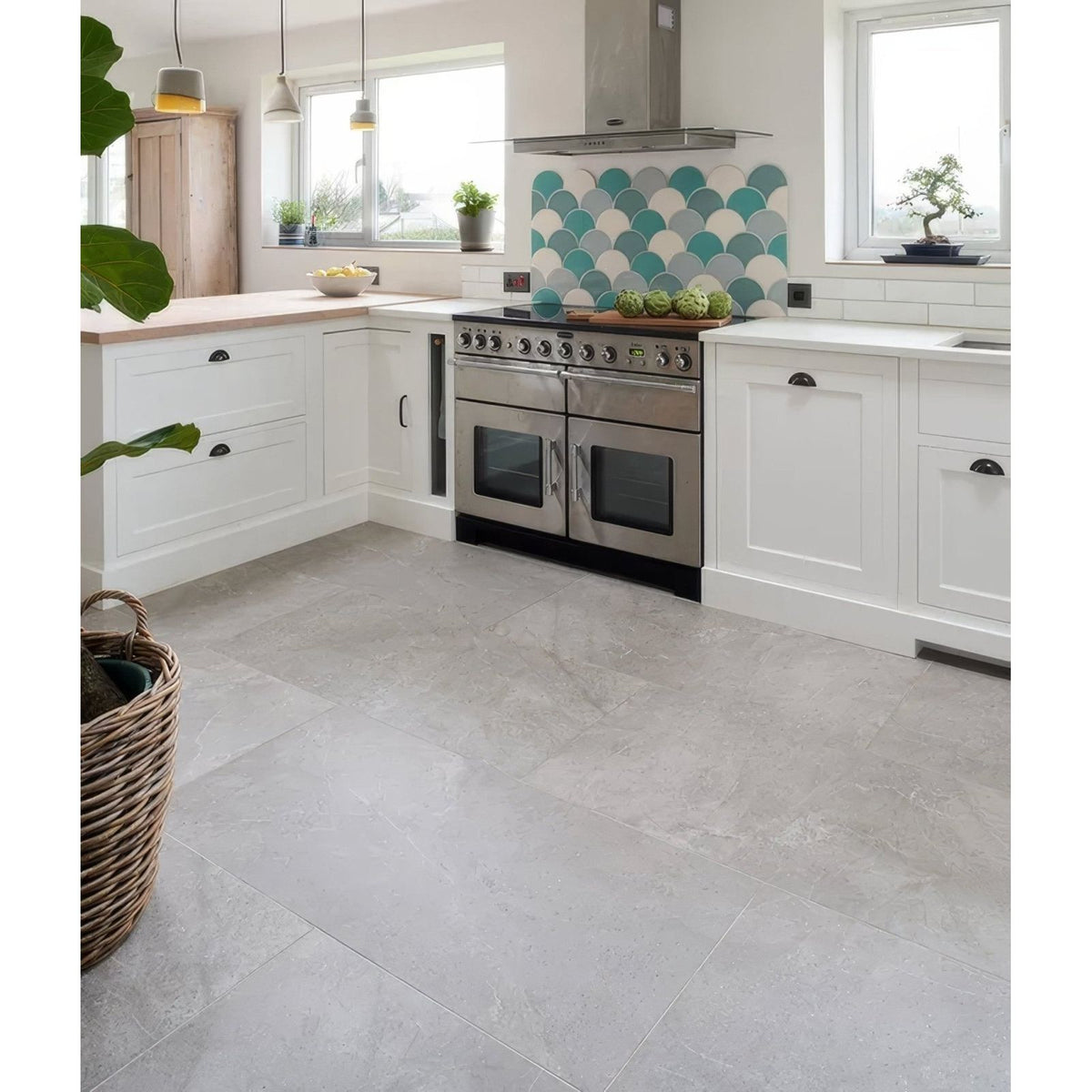 Gray stone-effect porcelain floor tiles from riverside porcelain gris collection for kitchen use