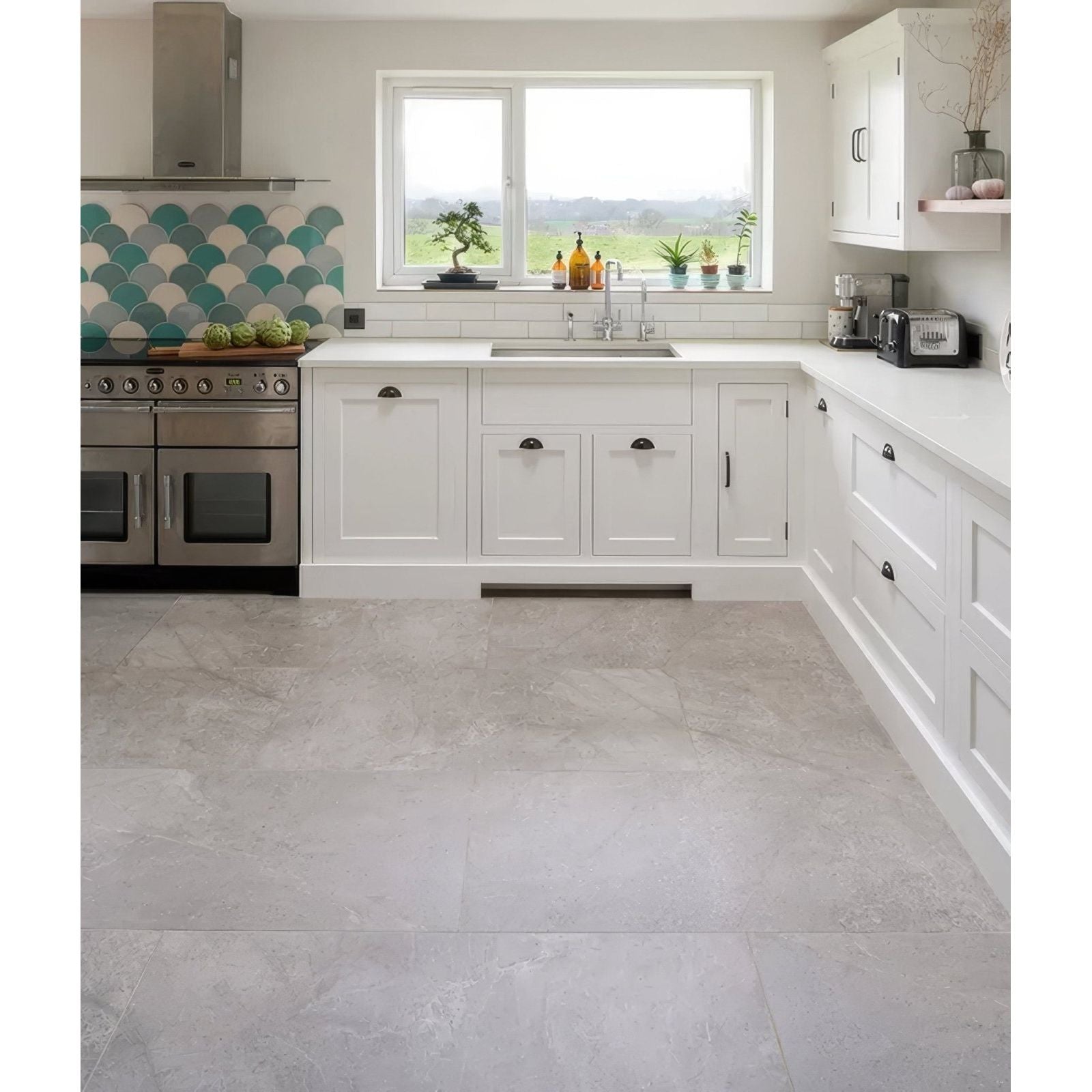 Gray stone effect porcelain kitchen floor tiles in riverside porcelain gris with a textured surface finish