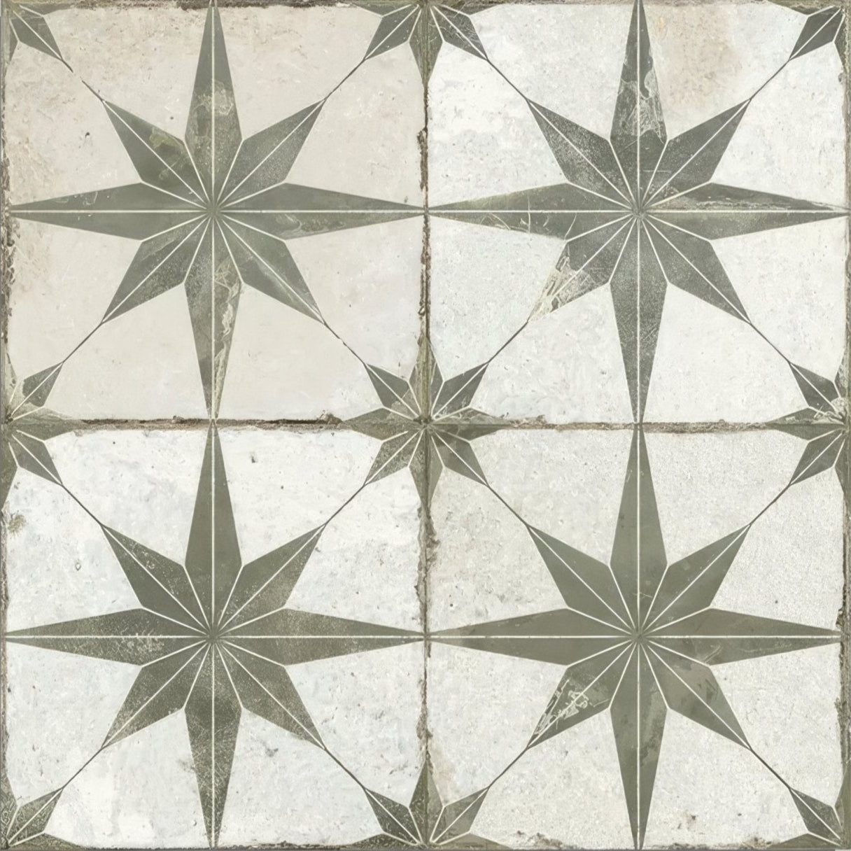 Vintage-style spitalfields ceramic retro star sage floor tile with distressed white and gray geometric star pattern