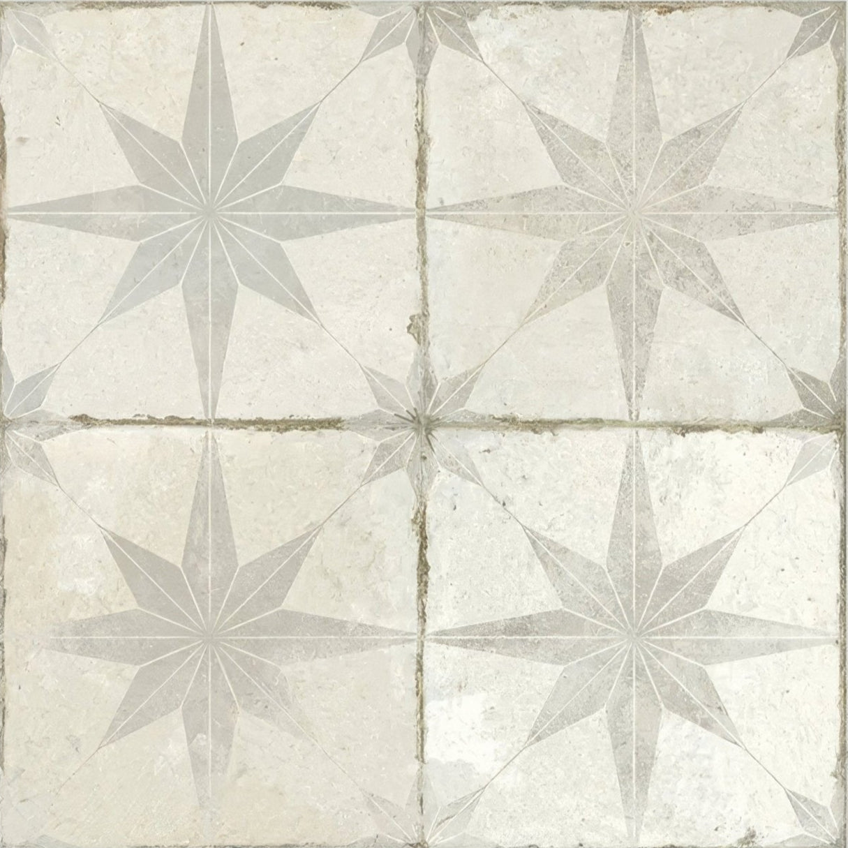 Spitalfields ceramic retro star white vintage-style white and gray star patterned ceramic floor tiles with rustic finish