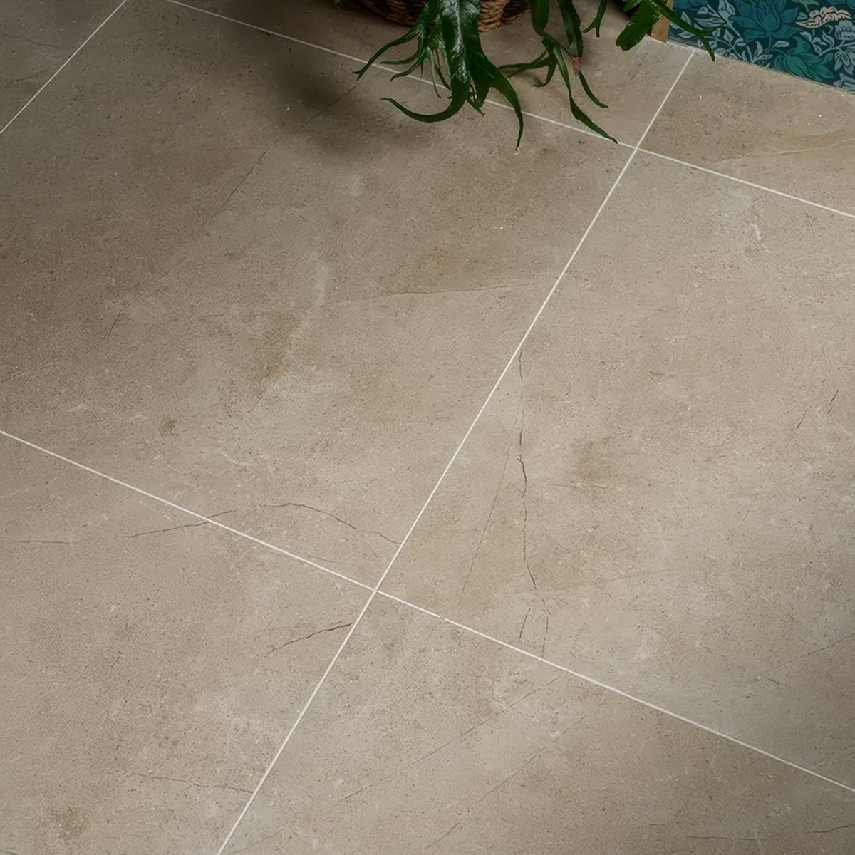 Beige marble-effect Winchester porcelain satin floor tiles 60 x 60cm with subtle veining and white grout lines