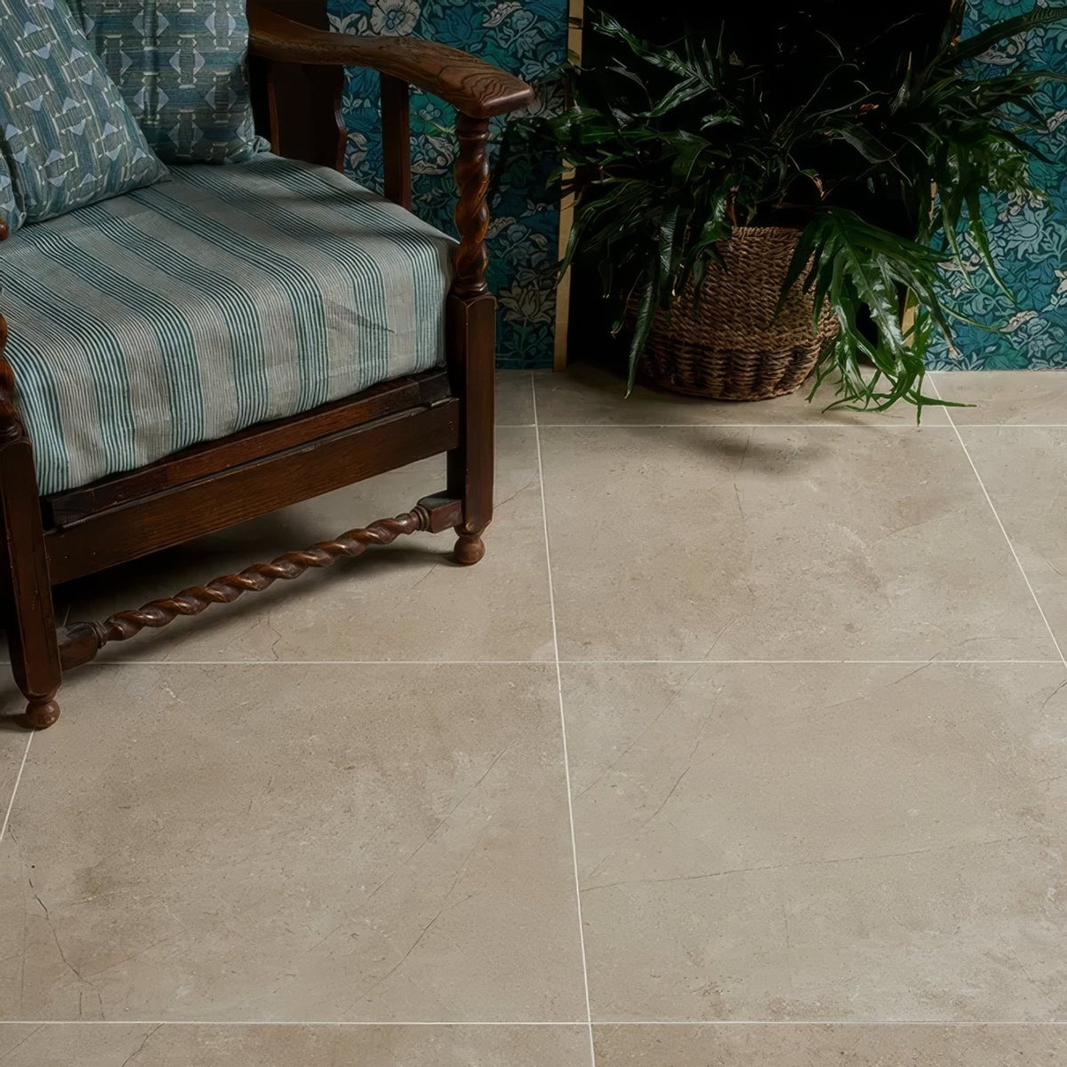 Winchester porcelain satin 60 x 60cm beige marble-effect floor tiles with subtle veining and a matte finish