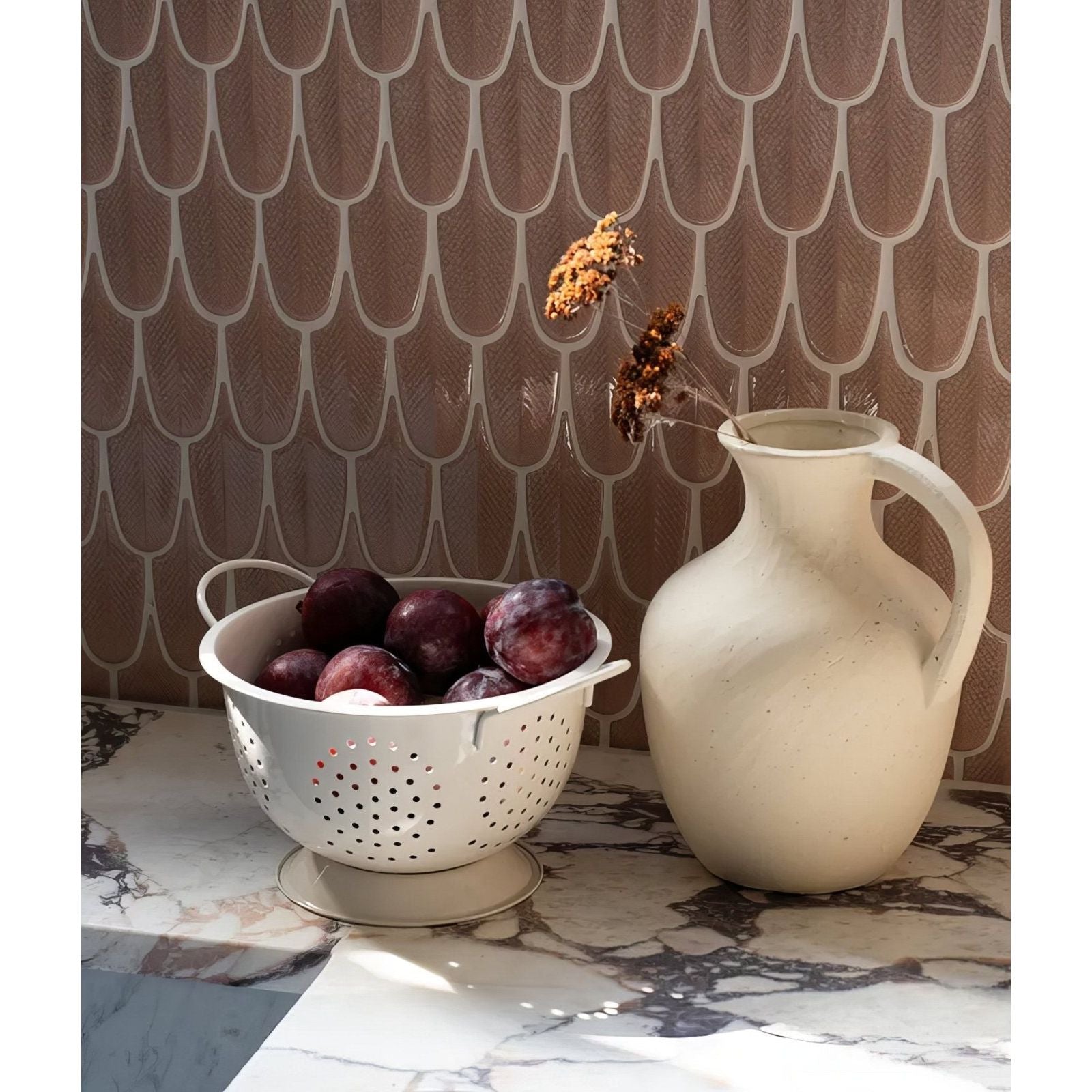 Preen Porcelain Mosaic Blush rose gold scalloped porcelain mosaic with a cream ceramic pitcher