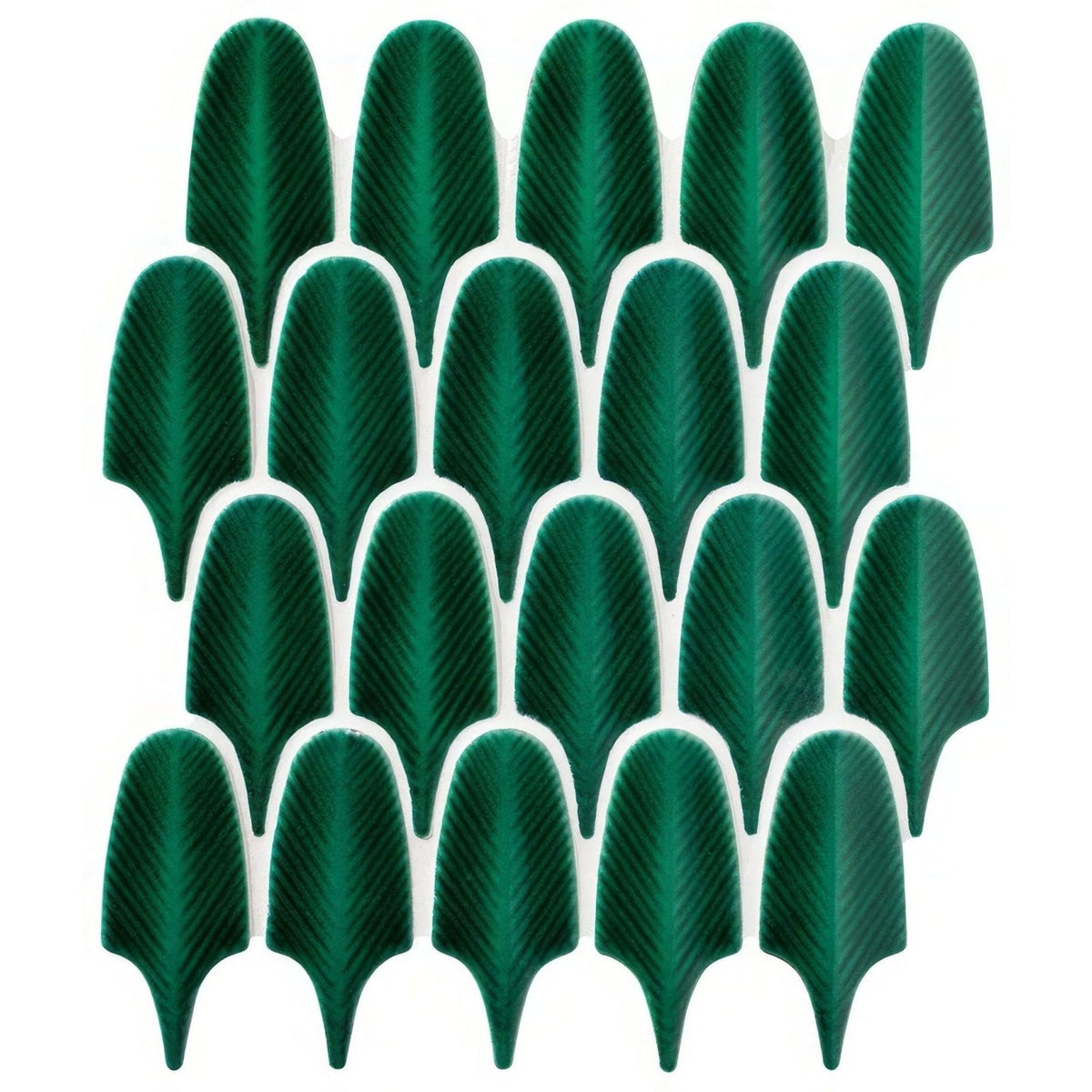 Deep green leaf shaped textured ceramic tiles from preen porcelain mosaic emerald collection