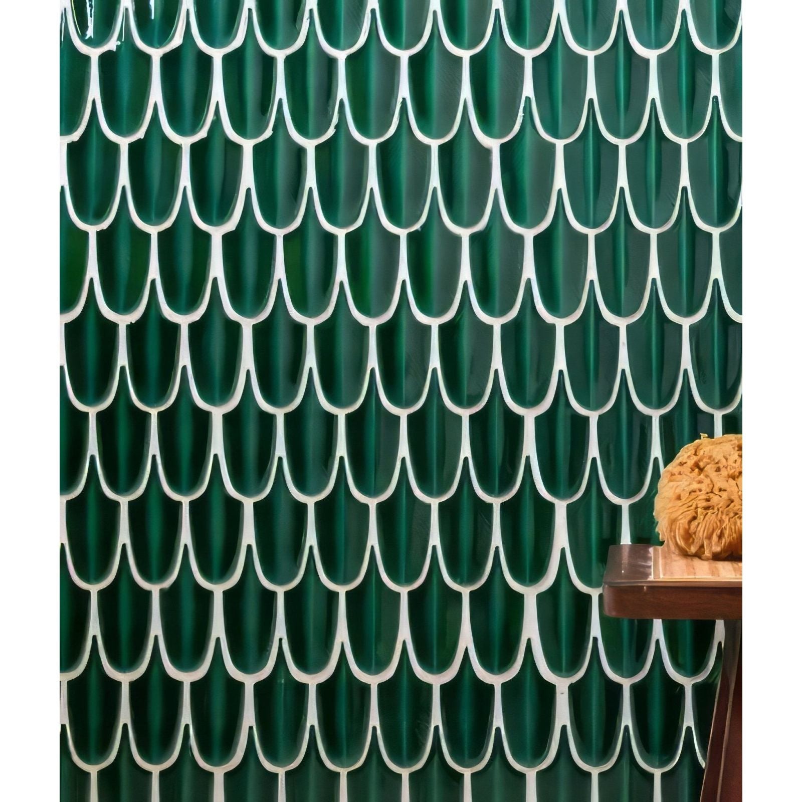Preen porcelain mosaic emerald deep emerald green ceramic tiles with glossy fish scale pattern and white grout lines