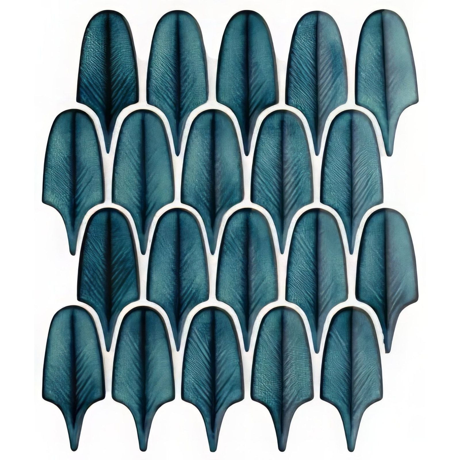 Teal-blue feather-shaped porcelain mosaic tiles with subtle texture from preen porcelain mosaic verdigris collection