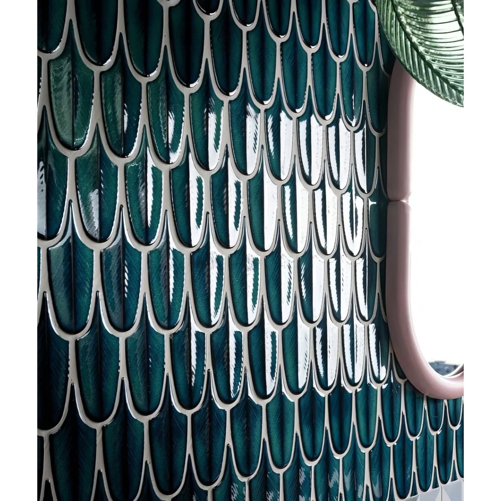 Preen porcelain mosaic verdigris deep teal glossy ceramic fish scale tiles with white grout lines