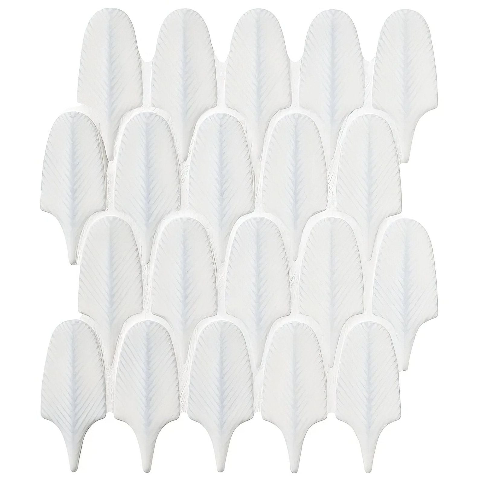 Preen porcelain mosaic white feather-shaped mosaic tiles in white ceramic with subtle textured surface