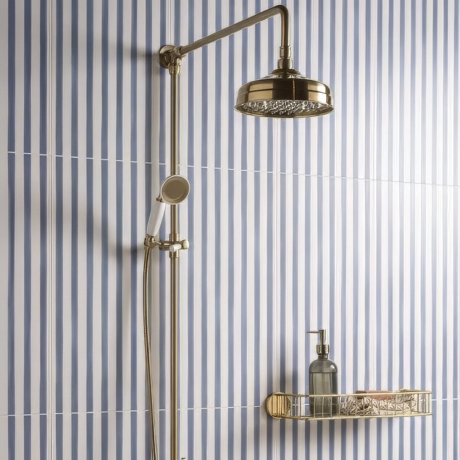 Promenade brighton 60x30cm brass-finished showerhead with decorative textured face mounted on adjustable arm