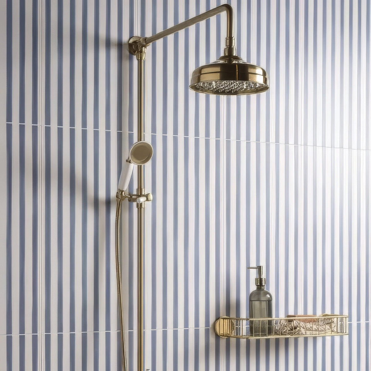 Promenade brighton 60x30cm brass-finished showerhead with decorative textured face mounted on adjustable arm