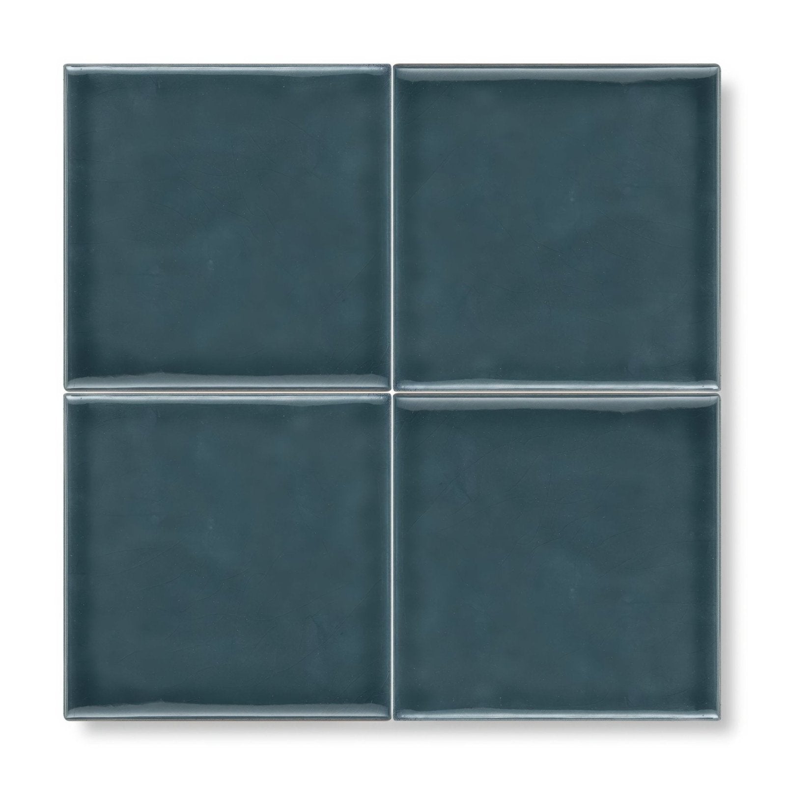 Set of four square teal ceramic Provence Aspremont tiles with glossy finish and subtle grout lines