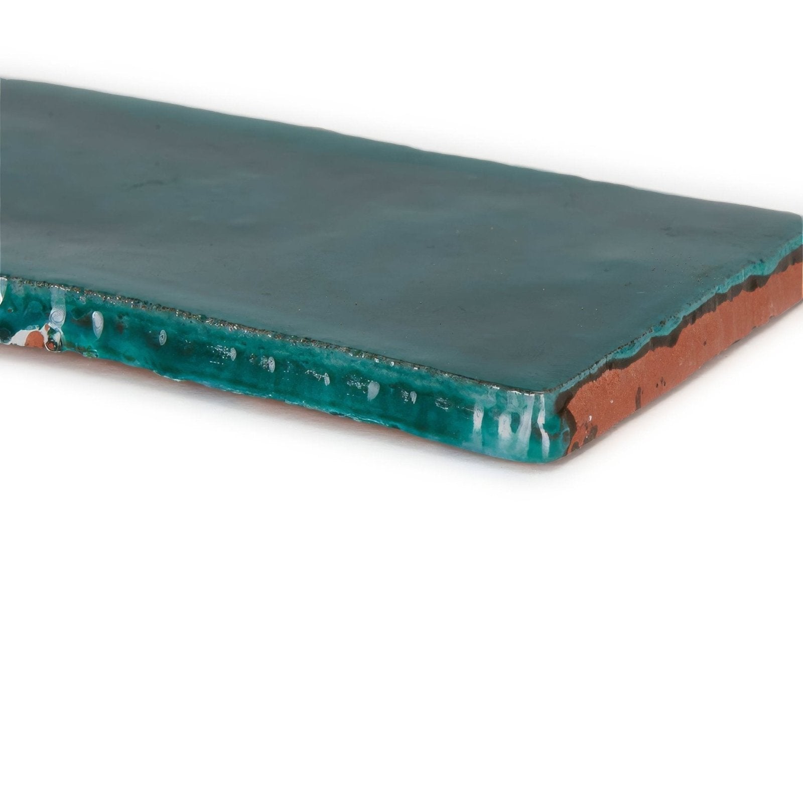 Provence Valette rectangle teal ceramic tile with glossy finish and visible terracotta-colored edges