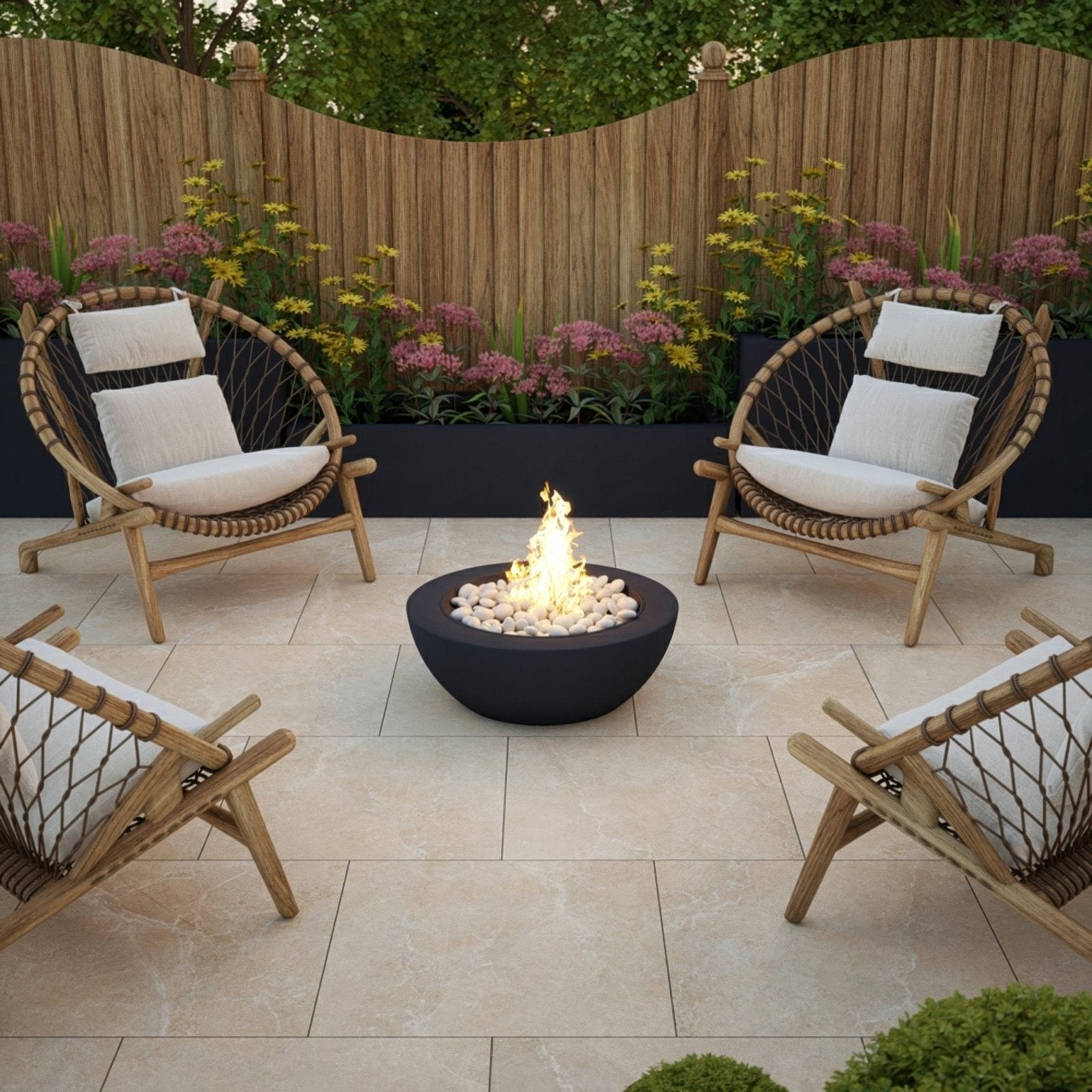 Pulse Bone Tiles beige stone-effect paving with a fire pit