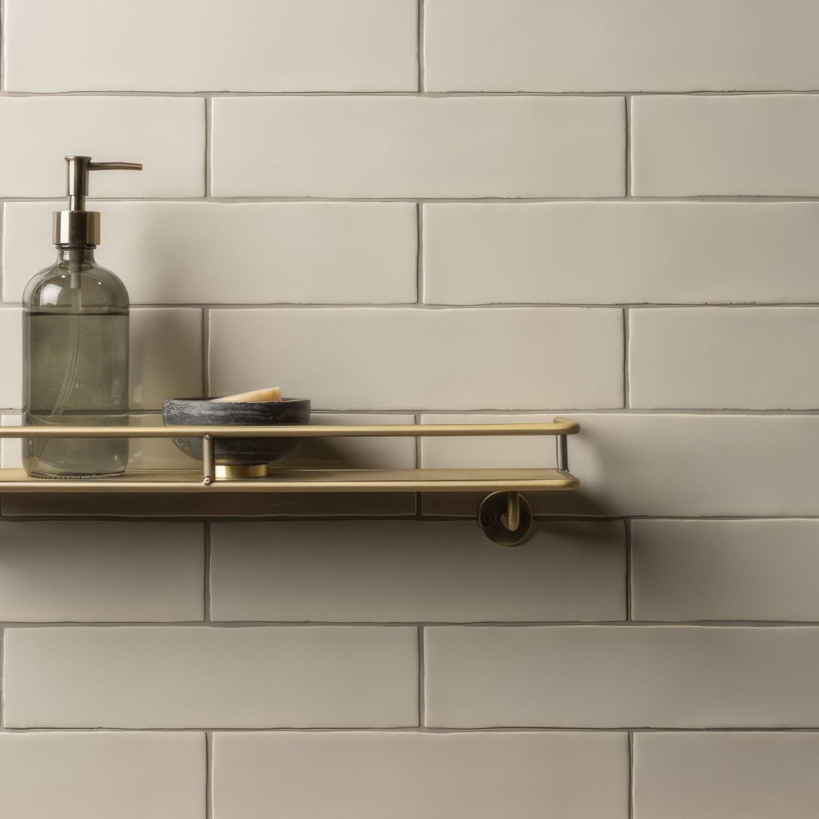 Gold-toned metal shelf with minimalist design holding glass soap dispenser and ceramic bowl for pumice large brick tile use