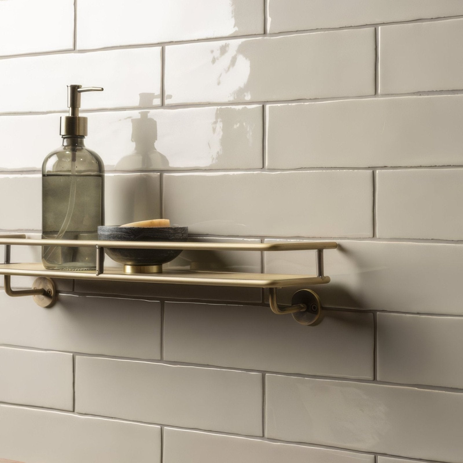 A sleek brass-finished bathroom shelf with minimalist design holds a dark glass soap dispenser and small black bowl on pumice large brick tile
