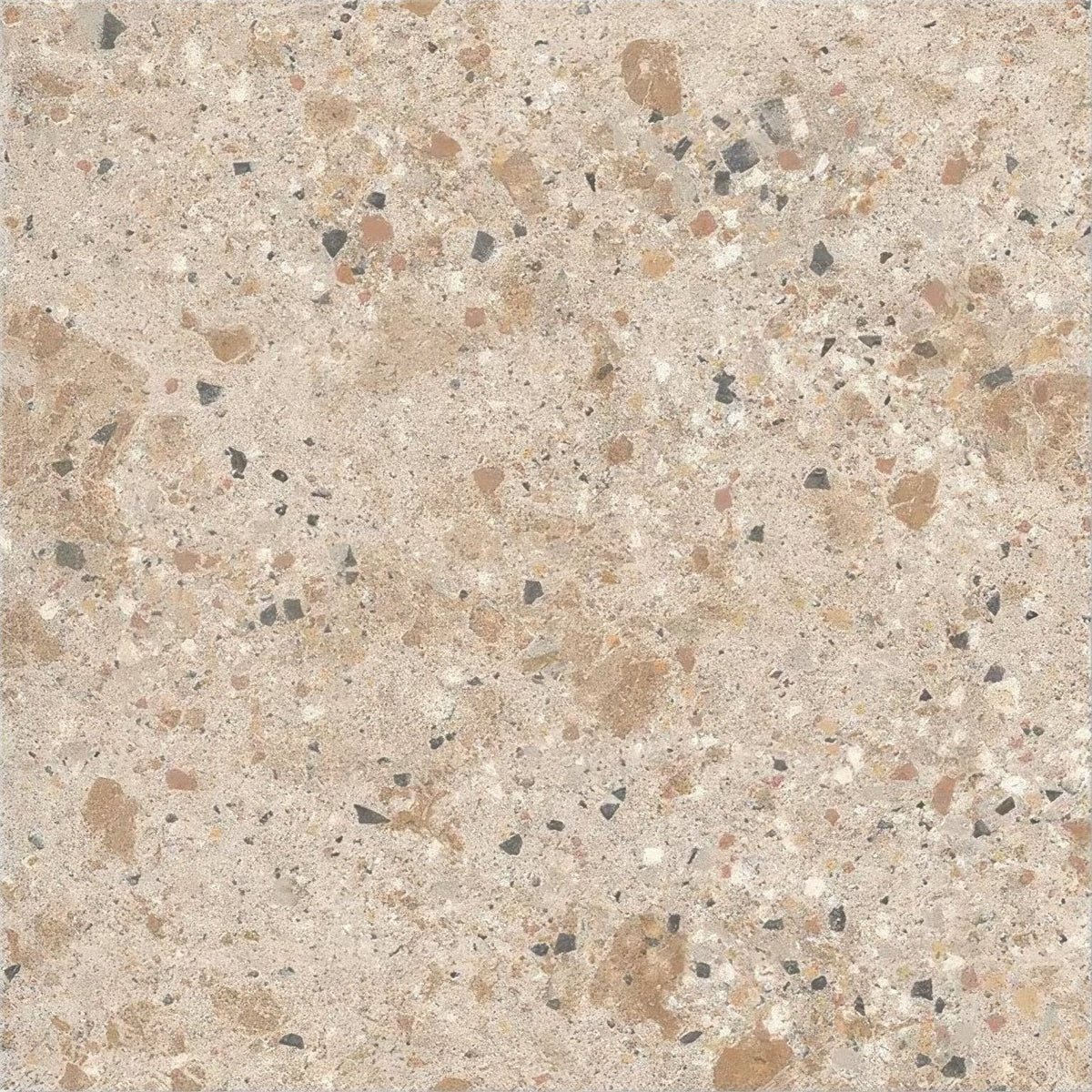 Beige pumice porcelain camel tile with terrazzo speckled pattern in brown black and gray fragments