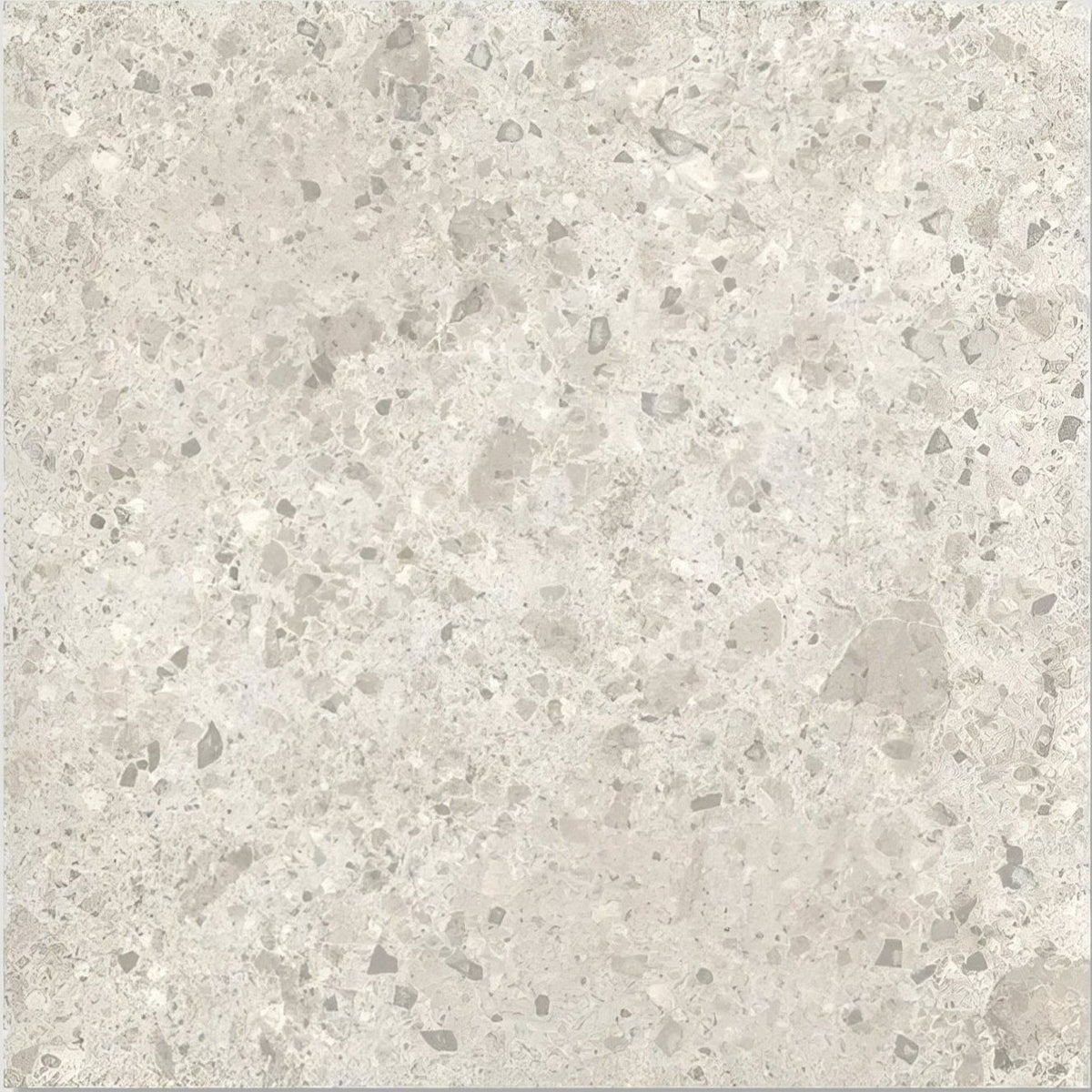 Pumice porcelain off white light gray terrazzo tile with speckled darker gray and white flecks pattern